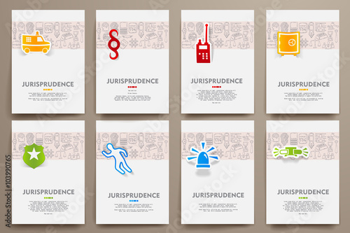 Corporate identity vector templates set with doodles jurisprudence theme