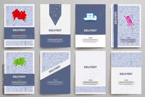 Corporate identity vector templates set with doodles delivery theme