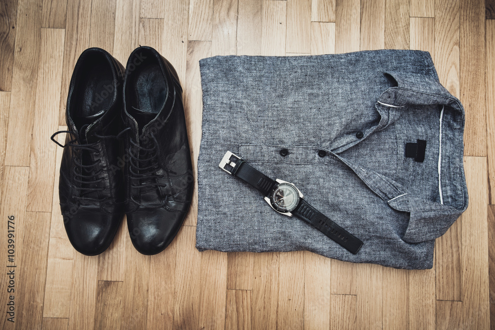 men shoes shirt and wristlet watch men shoes shirt and wristlet watch
