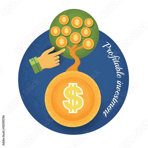 money tree grow from coin with hand pointer Vintage retro style finance icon profitable investment on blue circle background