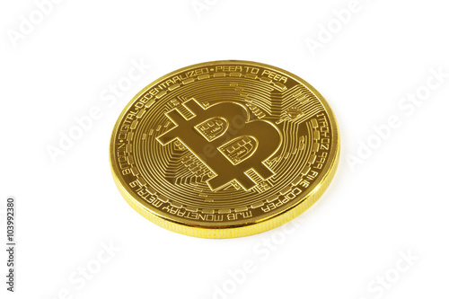 Golden Bitcoins isolated on white background.
