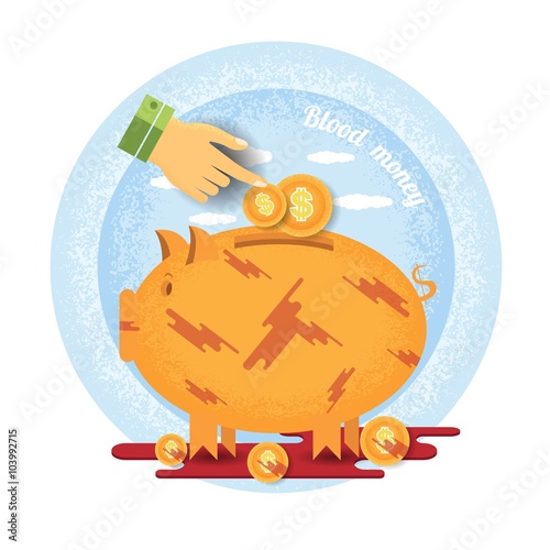 hand pointer put in coin in bloddy piggy bank stand in pool of blood. Vintage retro style blood money icon on blue circle background