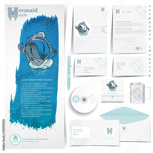 White corporate identity template with blue sea mermaid elements. Vector company style for brandbook and guideline