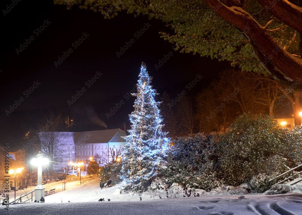 Town with a Christmas tree with snow in winter at night Town with a Christmas tree with snow in winter at night