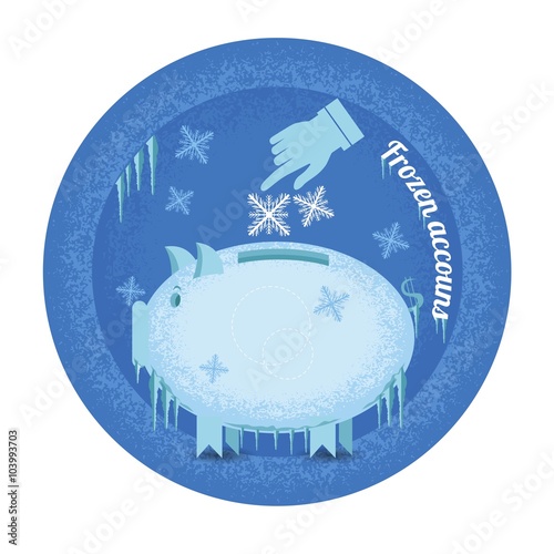 Frozen accounts. Piggy bank stand frozen with icicle and snowflakes. Vintage retro style icon on blue circle background