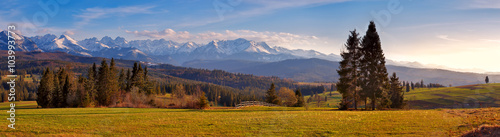 Panorama of snowy Tatra mountains in spring, south Poland