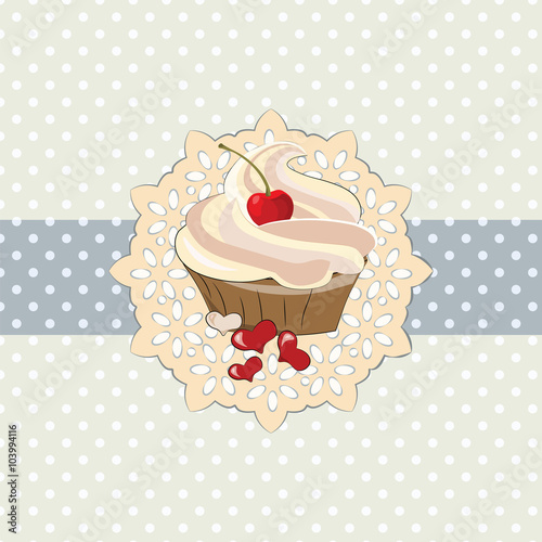 Sweet cupcake invitation background with ribbon, lace and dotted ornament. Vi...