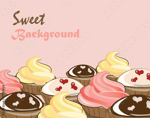 Vanilla cream and chocolate cupcakes background. Vector