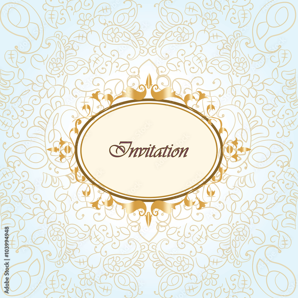 Gold frame invitation with ornaments background. Vector