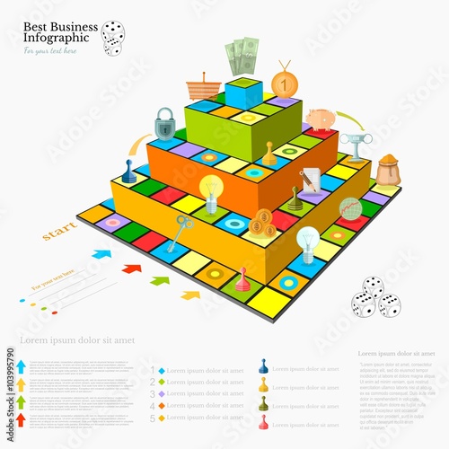 flat business infographic background with finanial board piramide game game cells, dice, game pieces, money,  pointer, icon etc
