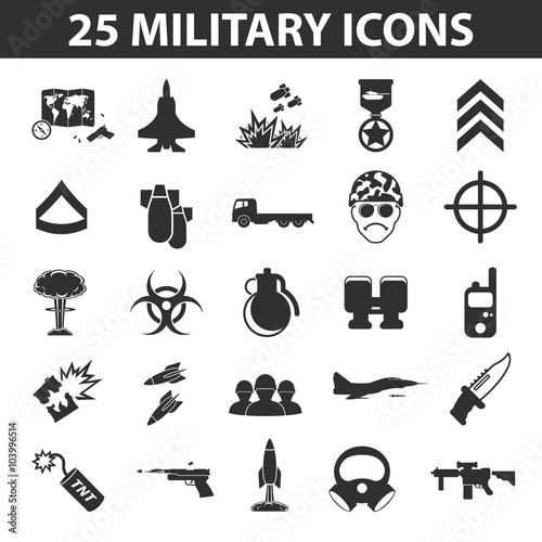 Military set 25 black simple icons. Army and weapon icon design for web and mobile.