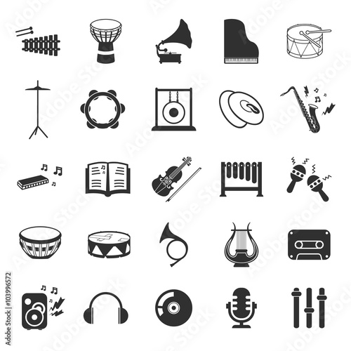 Musical instruments set 25 black simple icons. Music equipment icon design for web and mobile.