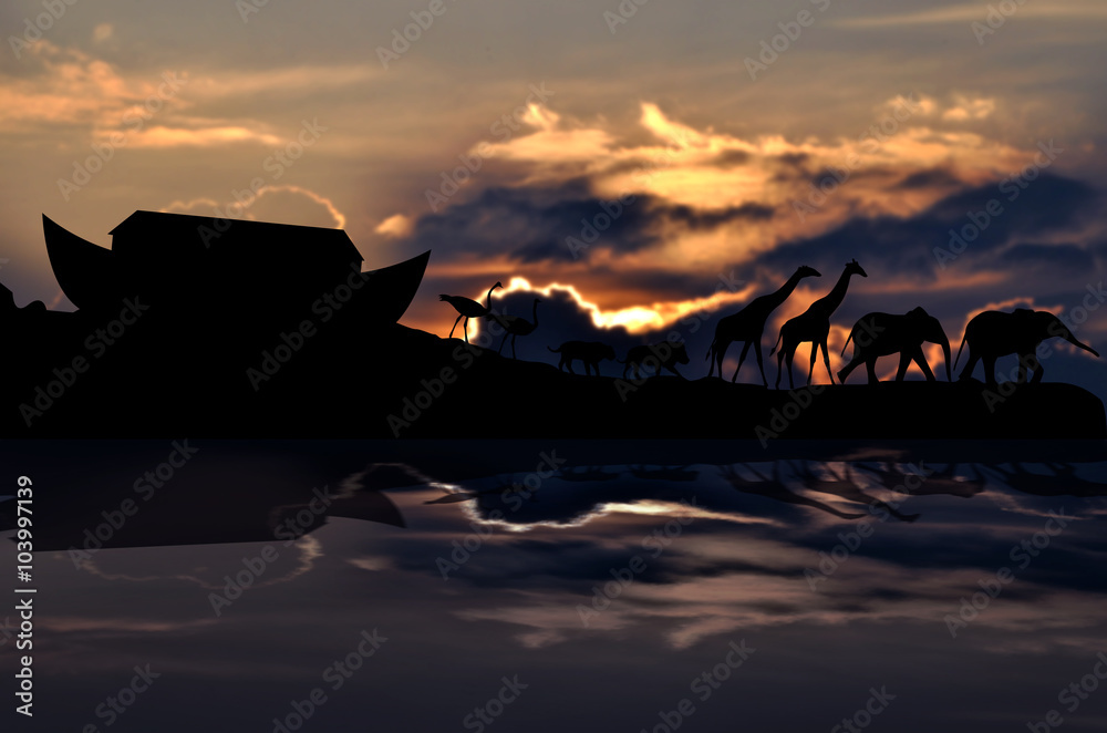 Noah's ark and animals, sunset in background