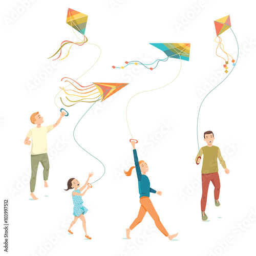 collection of vector illustrations of children flying a kite in cartoon style
