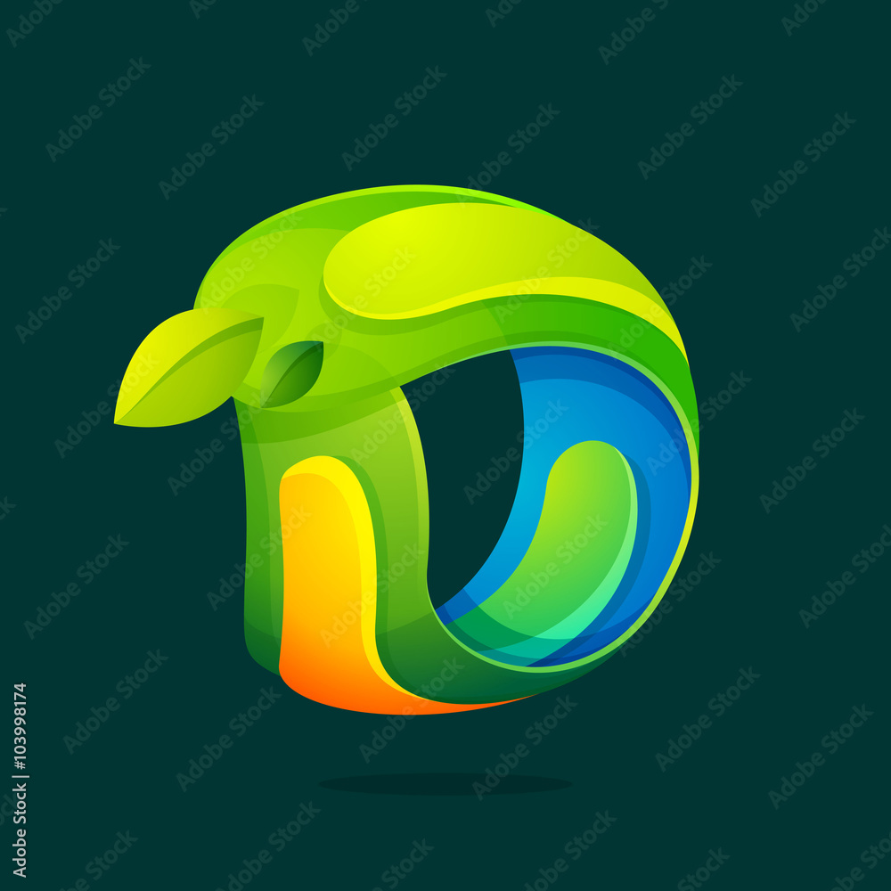 D letter with green leaves eco logo. D letter with green leaves eco logo.