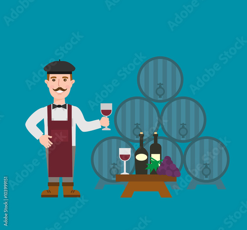 winemaker with wine glass wooden wine barrels wine bottles grapes bunch wine cellar