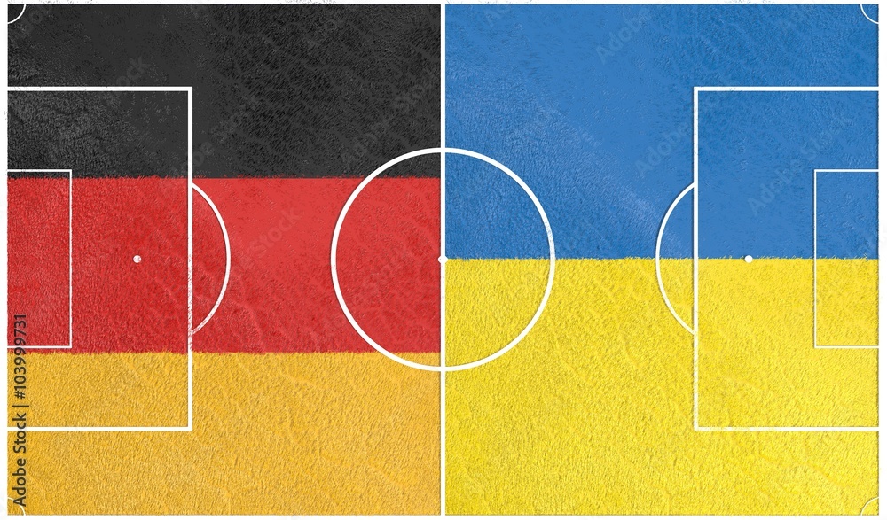 Flags of  European countries participating to the final tournament of Euro 2016 football championship. Football field textured by Germany and Ukraine national flags.