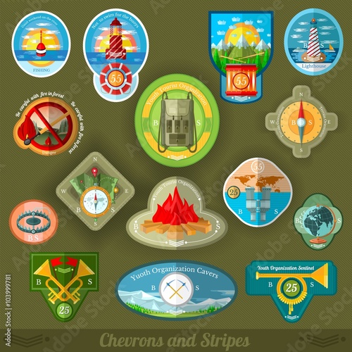 flat set patches of youth tourist or scouts organization