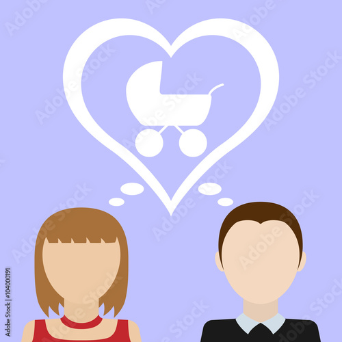 Couple dreams about baby. Vector flat illustration.