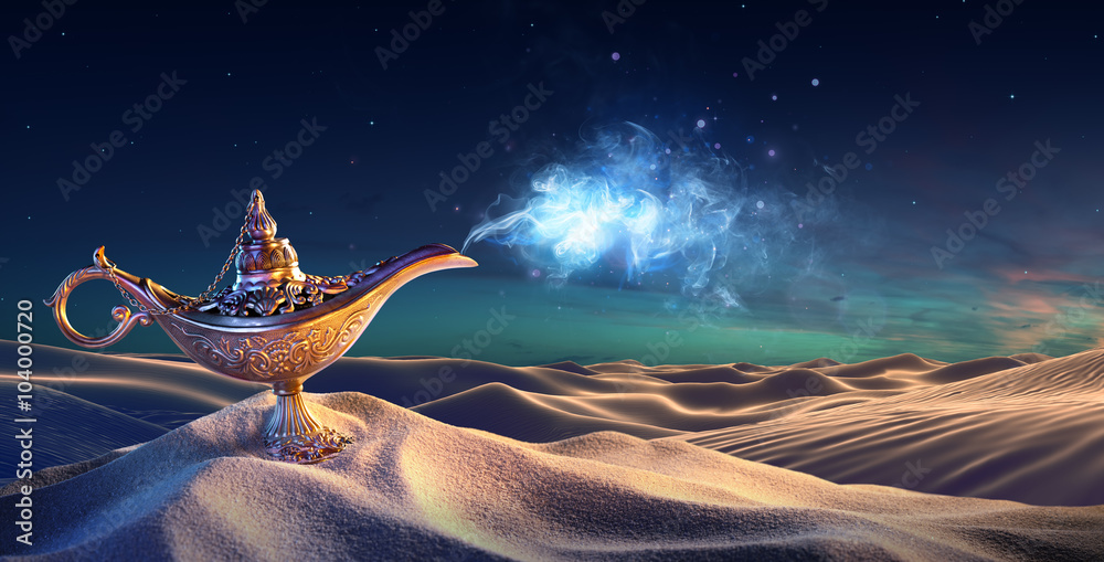 Obraz premium Lampa życzeń na pustyni - Genie wychodzi z butelki
