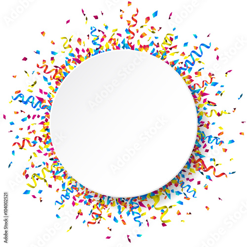 White round paper banner with colorful ribbons and confetti. Vector illustration.