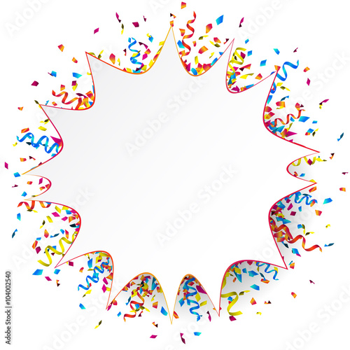 White funny paper banner with colorful ribbons and confetti. Vector illustration.