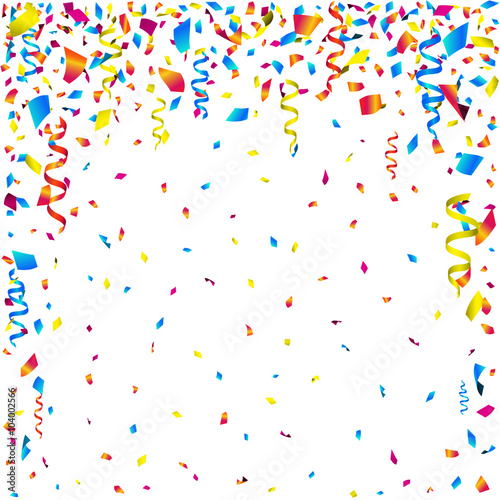 Celebration background with colorful falling confetti and party ribbons. Vector illustration.
