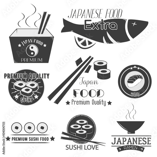 Vector set of sushi labels. Japanese food restaurant logo, icons. Asian cuisine illustration.