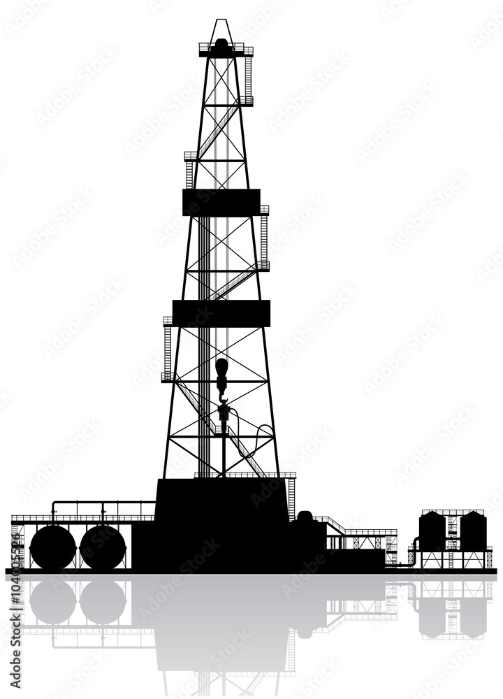 Drilling Rig Raster Image Oil rig silhouette. Detailed raster illustration isolated on white ...