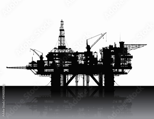 Sea oil rig. Oil platform in the deep sea. Detailed raster illustration. 