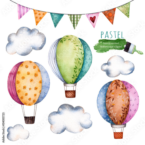Watercolor collection with air balloons,bunting flags and clouds in pastel colours.Handpainted air ballons beautifully decorated on white background,pastel clouds and multicolored flags.Watercolor set