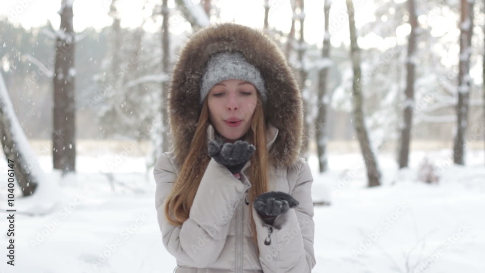 Snowfall, Beautiful young woman fun Snowfall, Beautiful young woman fun