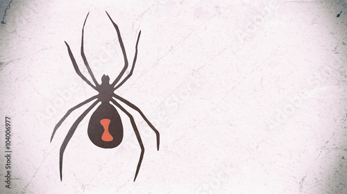 Black Widow Spider Symbol Copy Space. Black widow spider illustration. Black on white background with distinctive red hourglass shape marking. On an aged looking background with copy space.