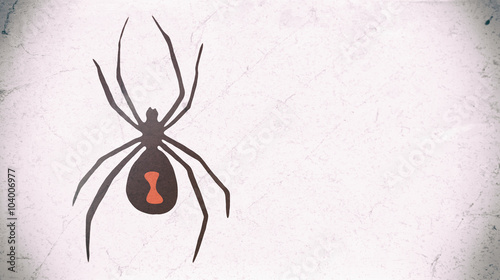 Black Widow Spider Symbol Copy Space. Black widow spider illustration. Black on white background with distinctive red hourglass shape marking. On an aged looking background with copy space. photo