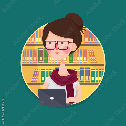 Vector Illustration of a College Girl Student Studying in Library, Cartoon Character