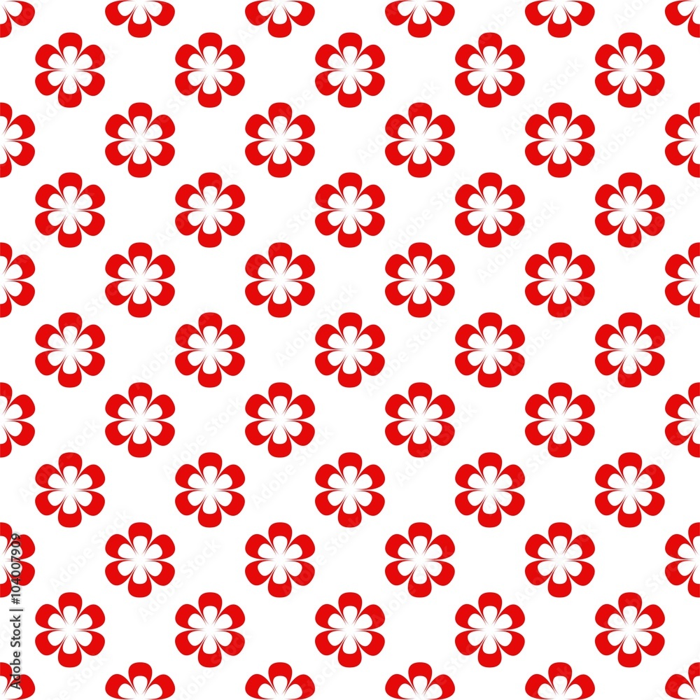 Background composed of red flowers in a row and alternately under each other on a white background