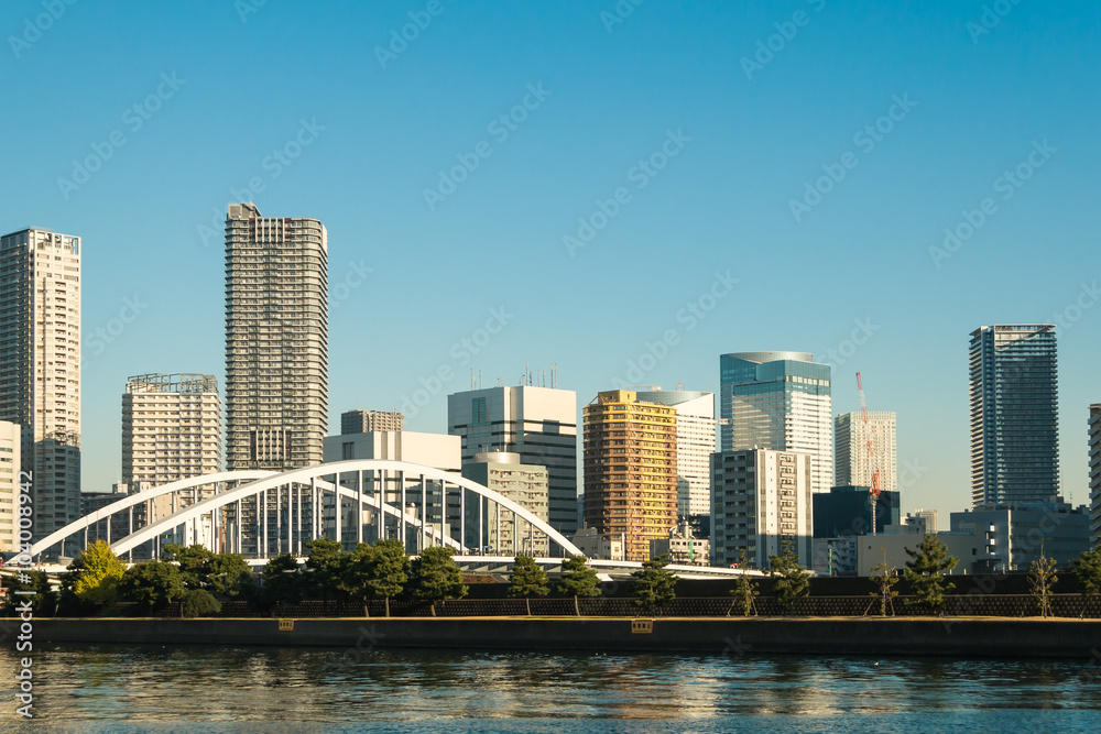 View of tokyo cityscape with blue sky View of tokyo cityscape with blue sky
