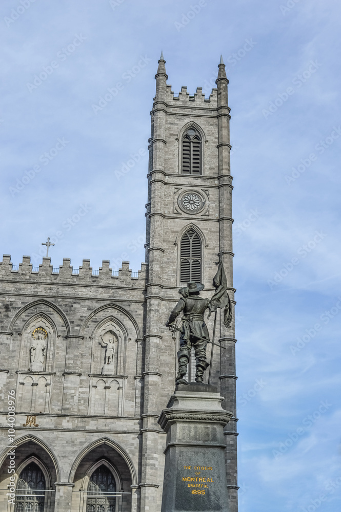 Maisonneuve statue facing Basilica Notre Dame, Montreal's Old Port district