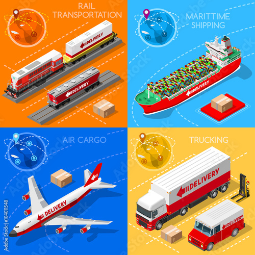 Freight Infographic. Global Trade. Logistics Transportation Vehicle 3D Isometric Vector Objects Maritime Cargo Ship Truck Van Train Air Plane Rail Vector Collection. Fast Delivery Worldwide