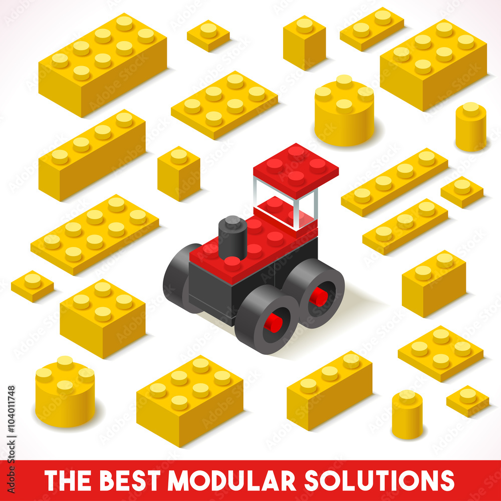 The Best Modular Solutions. Isometric Basic Farm Tractor Collection.  Plastic Toy Blocks Tiles Set Quality and Bright Vector Illustration for Web  apps Web Lego. Yellow Module Vehicle Slogan vector de Stock