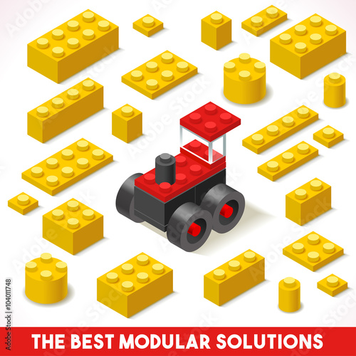 The Best Modular Solutions. Isometric Basic Farm Tractor Collection. Plastic Toy Blocks  Tiles Set Quality and Bright Vector Illustration for Web apps Web blocks. Yellow Module Vehicle Slogan