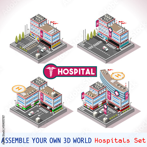 City Hospital Buildings and Landmarks. Game Tile Collection Clinic Medical Isometric Vector Icon. 3d Urban Map medicine Elements Icon Set. Industry. Parking Rescue Security Patient Ambulance Transport
