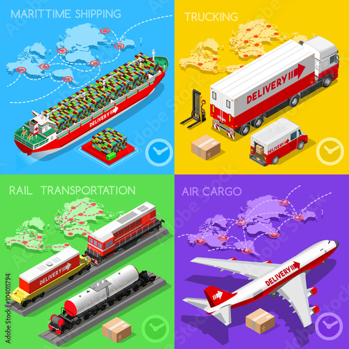 Freight Delivery Infographic. Global Trade. Logistics Transportation Vehicles 3D Isometric Vector Objects Maritime Cargo Ship Truck Van Train Air Plane Vector Collection. Fast Delivery Worldwide