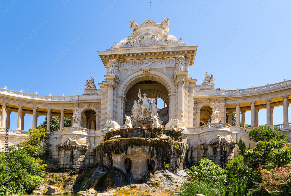 Marseille. The central part of the facade of the Longchamp palace with statues and  cascade fountain