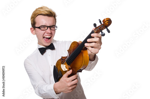 Young funny violin player isolated on white