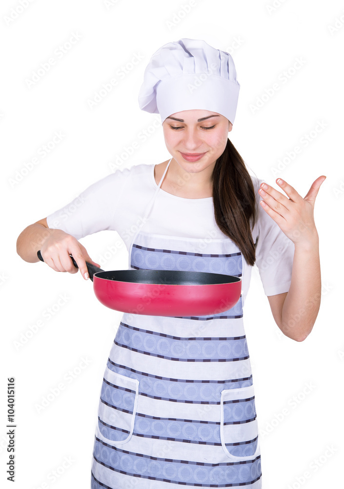 girl chef inhales the aroma of frying pan girl chef inhales the aroma of frying pan