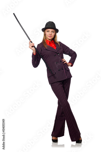 Woman with walking stick isolated on the white