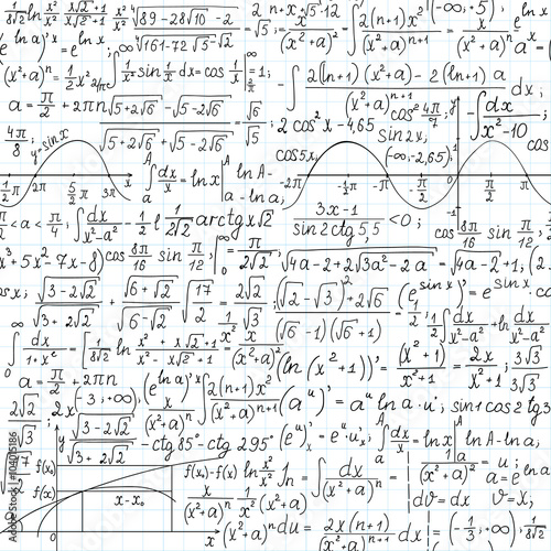 Mathematical vector seamless pattern, "handwritten on the copybook paper"