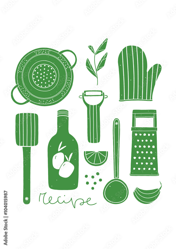 Kitchen Utensils (Green) Art Print for Sale by ArtByDecember
