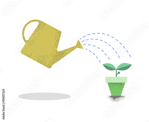 Watering can and plant in the pot. Growing idea concept. Earth day. Vector illustration.